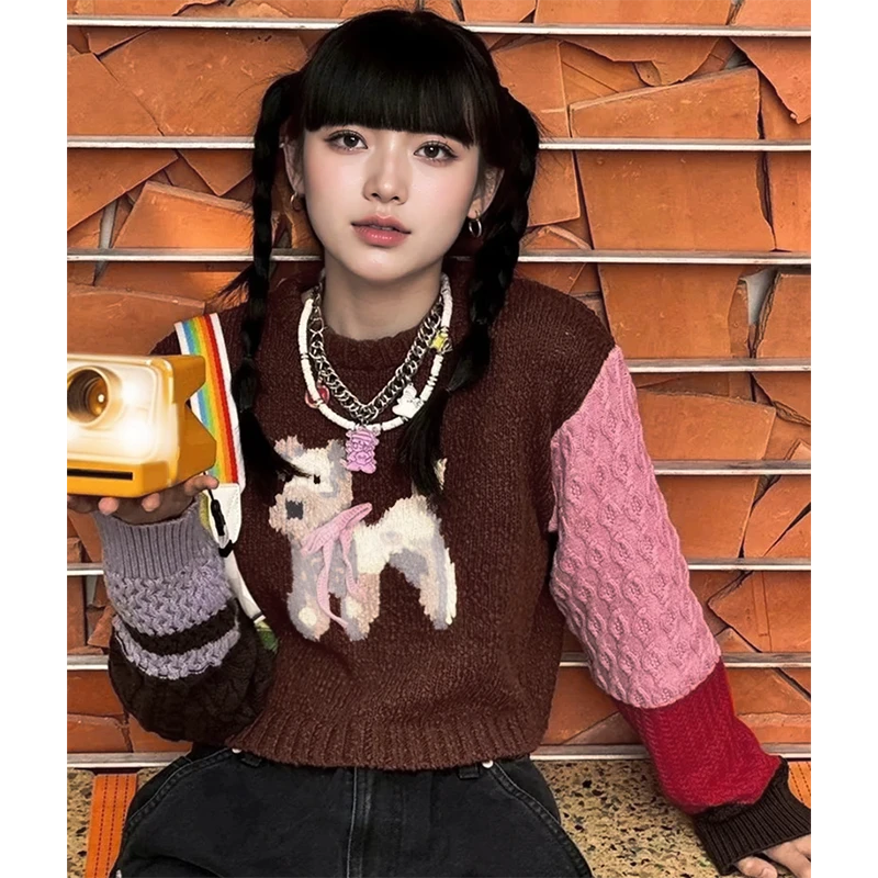 【小狗玩偶】撞色拼接百搭减龄短款休闲毛衣.Y280
