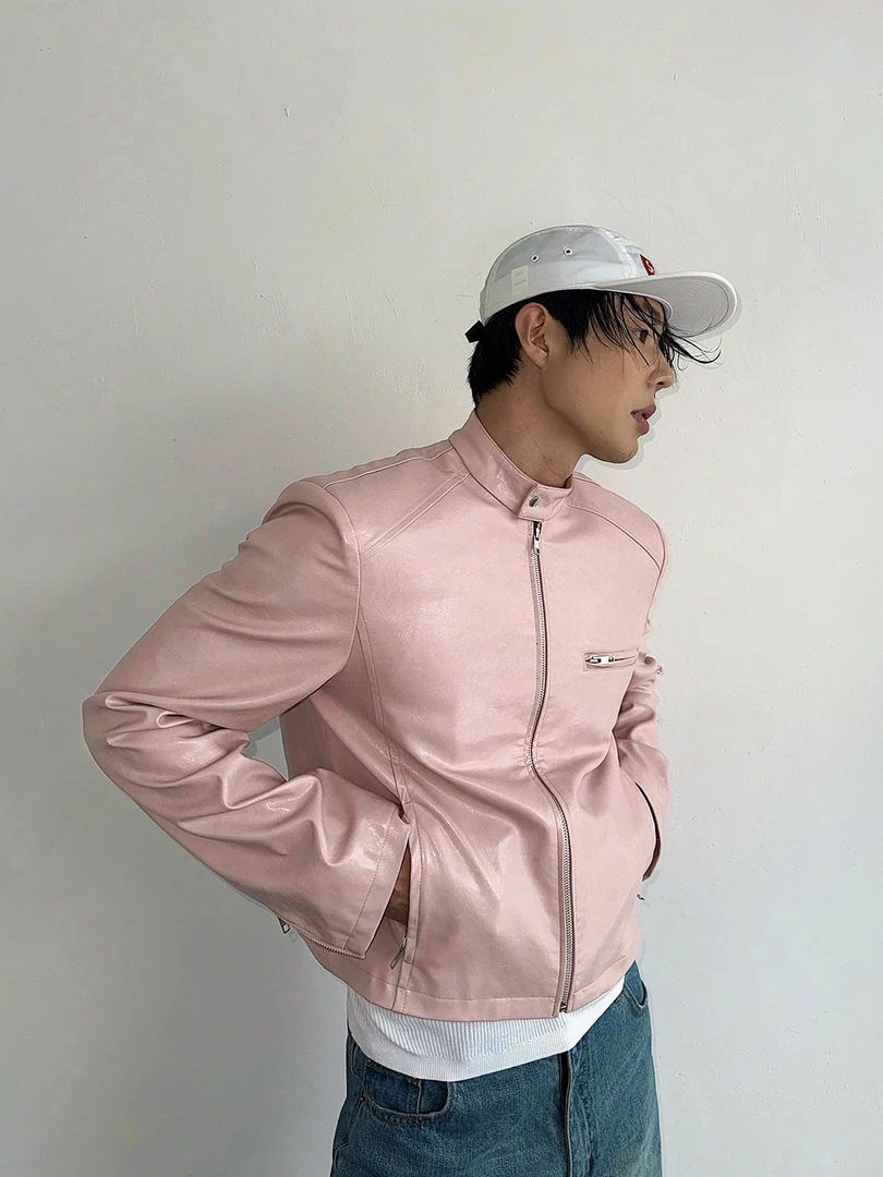 weave 性感克制 黑粉两色光泽感纹理皮衣修身小版型复古夹克外套