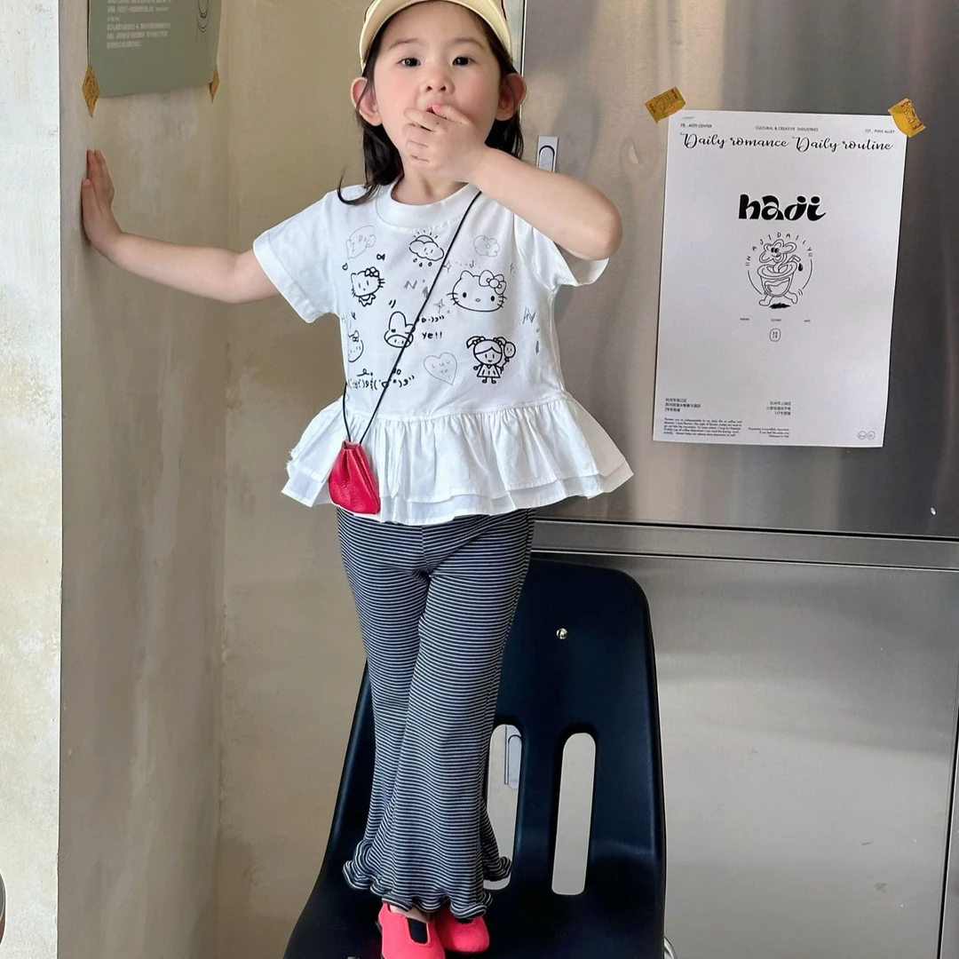 2025夏季新款童装韩版 女童可爱印花下摆蓬蓬T恤 儿童清凉感短袖T