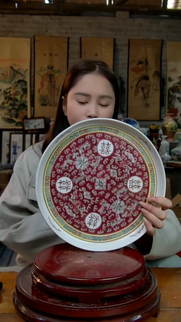 摆件陶红色喜字茶盘