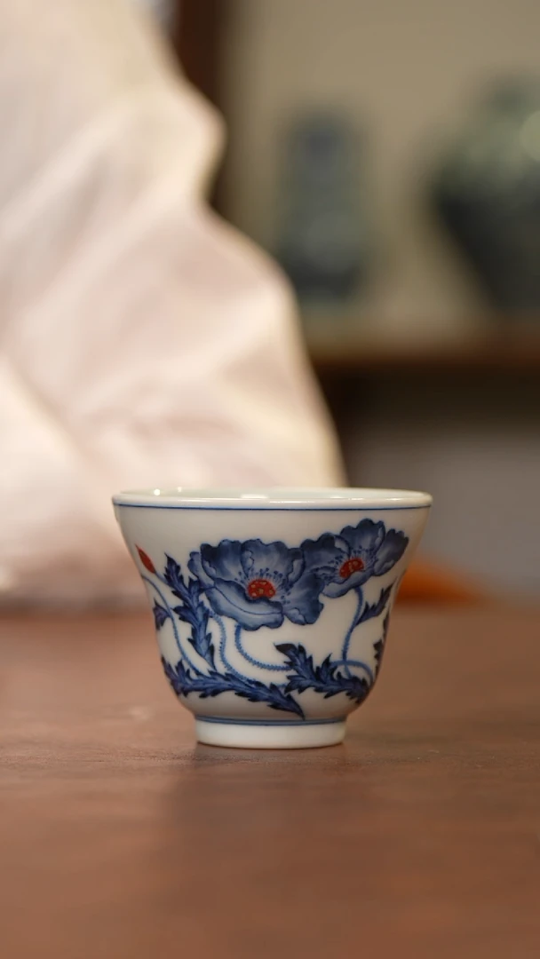 杯和然窑釉里红虞美人折腰杯
