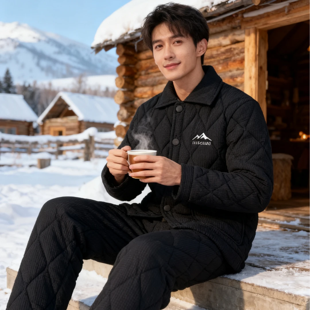 【防风】冬季新款男士时装夹克家居服加绒加厚三层夹棉睡衣男可外穿