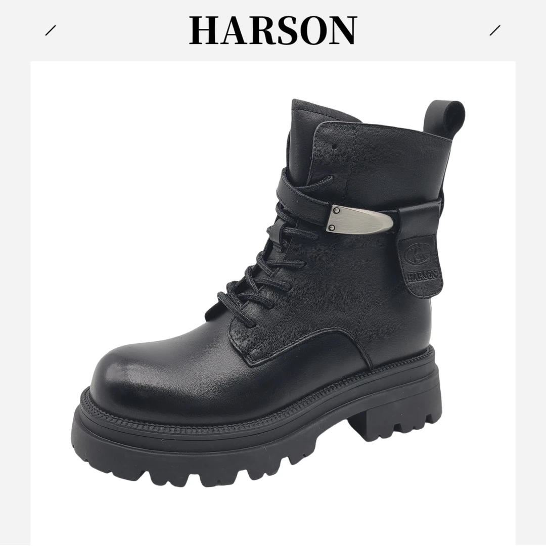 Harson/哈森圆头女短筒侧拉链马丁靴时装靴子潮流百搭英伦230181