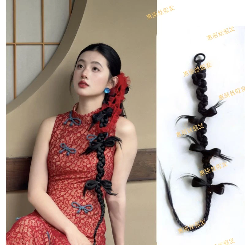 假发辫子女拳击辫新娘发型蝴蝶结马尾麻花辫麦穗红丝绸新中式造型