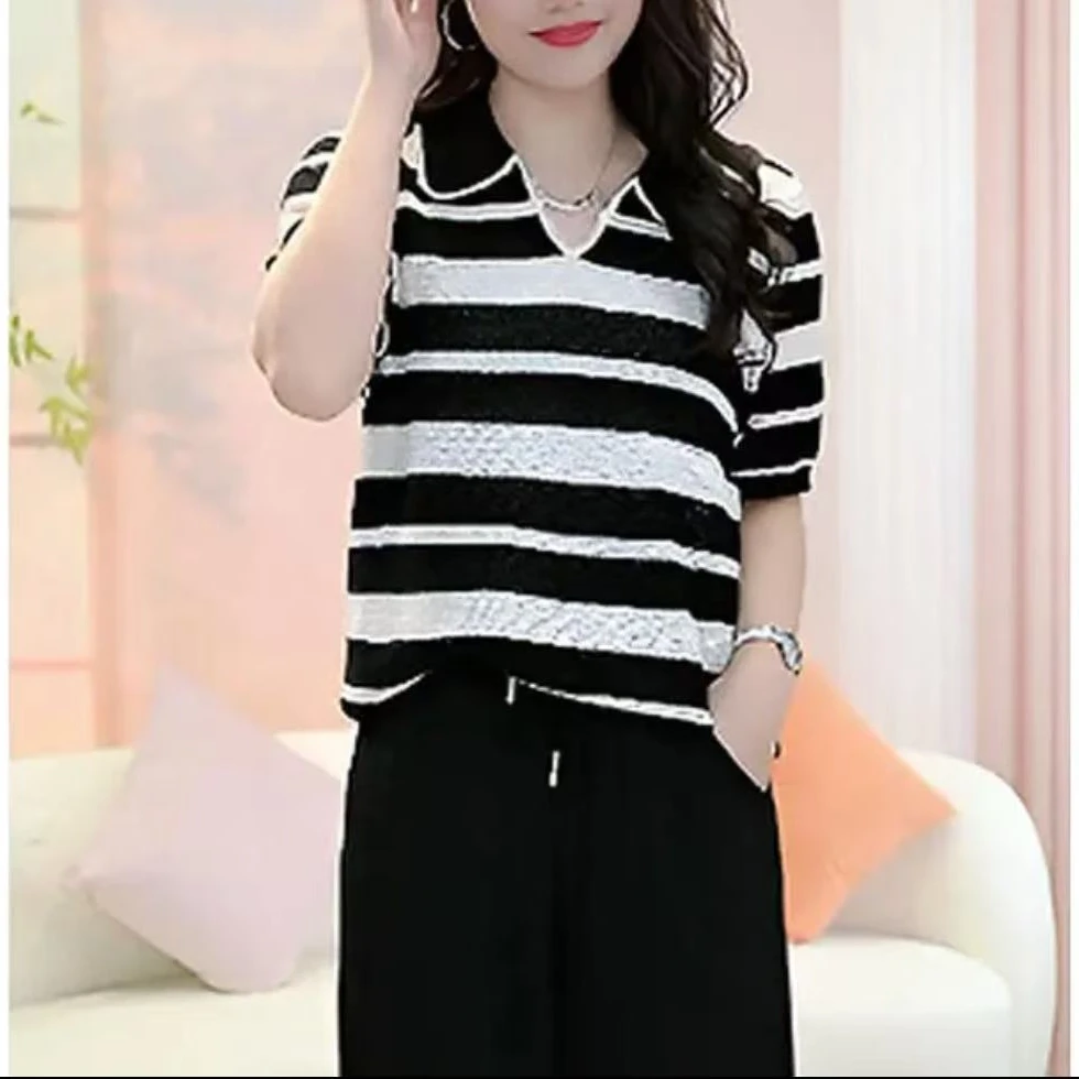 2025夏季新款设计感条纹翻领气质显瘦短袖针织衫女百搭上衣G607