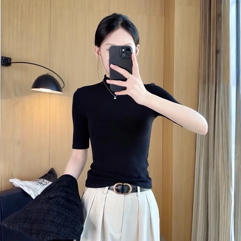2025新款中袖t恤女早秋半高领五分袖打底衫内搭秋季半袖黑色上衣