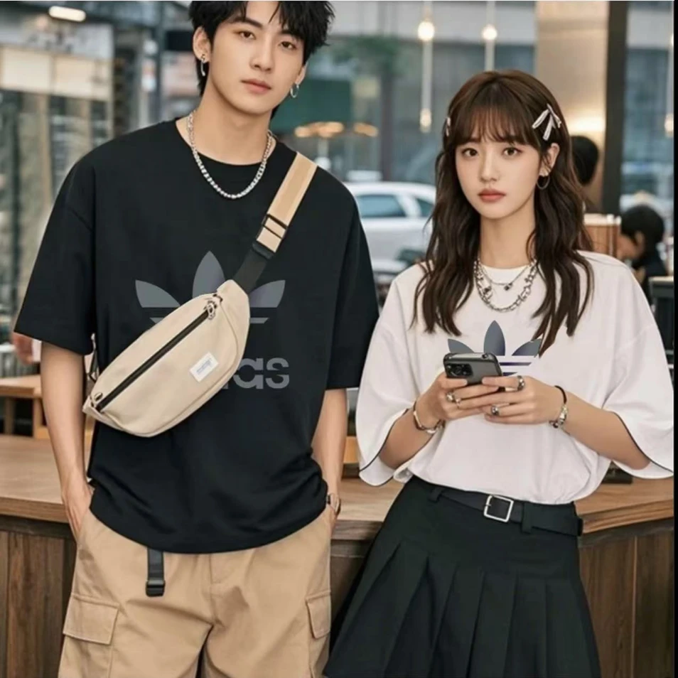 透气中性圆领宽松型休闲百搭情侣夏季运动T恤单肩时尚潮流-A38