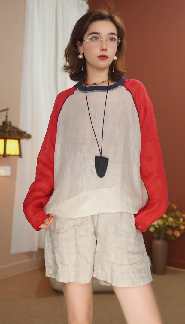 100苎麻宽松大版型时尚T恤街头套装圆领夏季长袖拼接拼色25508