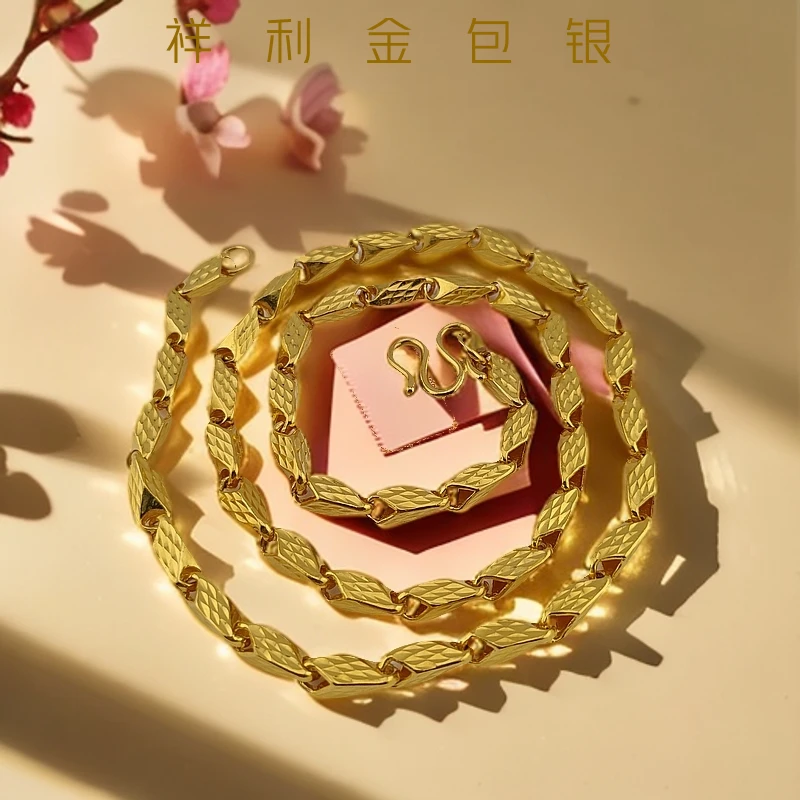 链子足银  菱形项链   男士时尚女士简约金色实心中古镭射素款