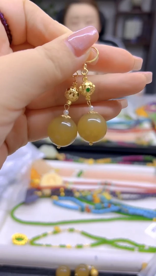 和田玉（糖玉）14K金镶嵌耳饰DIY款E247