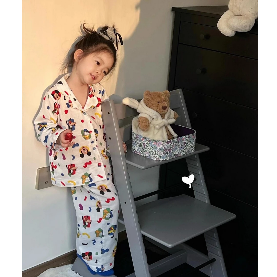 儿童韩版睡衣秋装男童女童秋季卡通米奇长袖宝宝空调服家居服套装