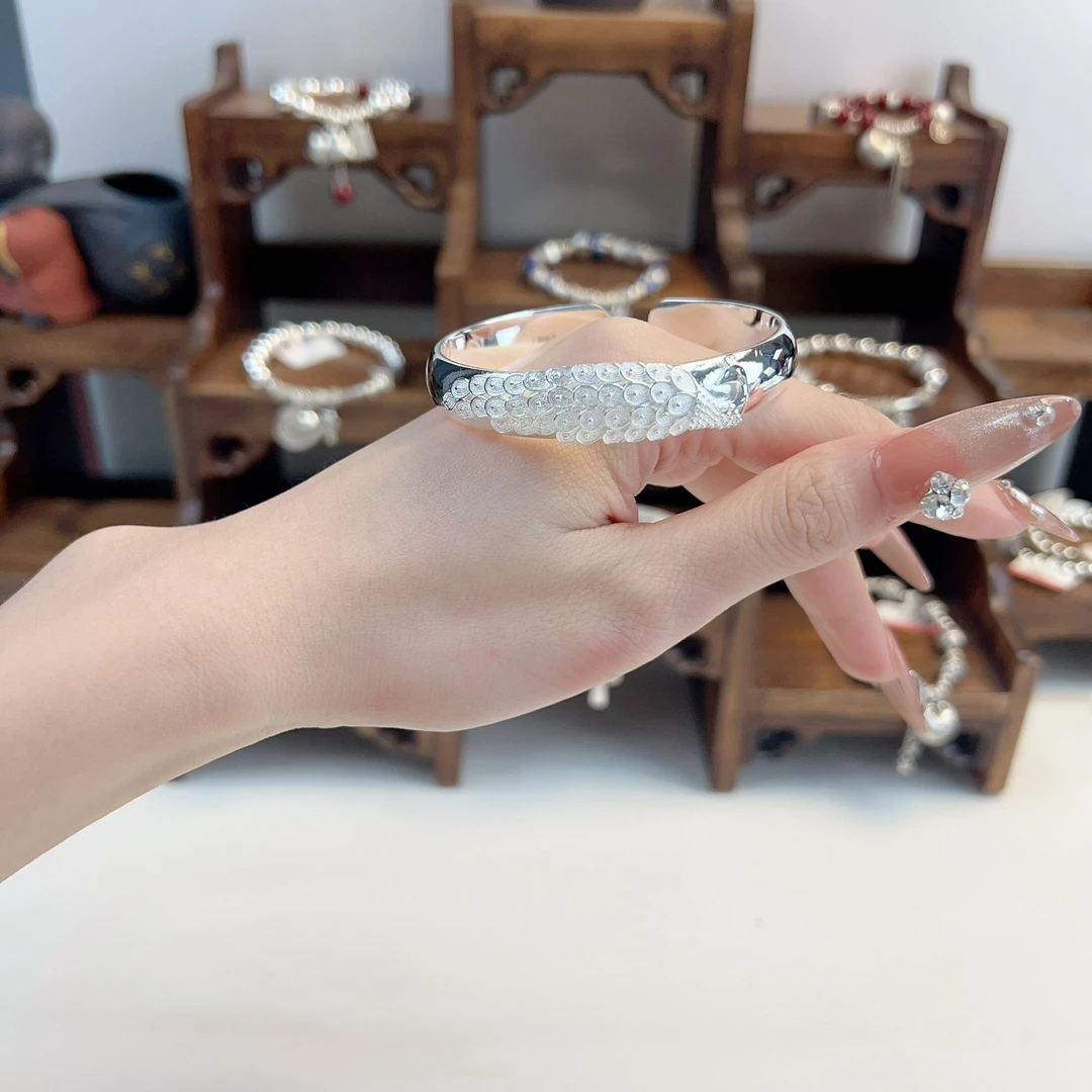 足银手镯 916孔雀开口手镯