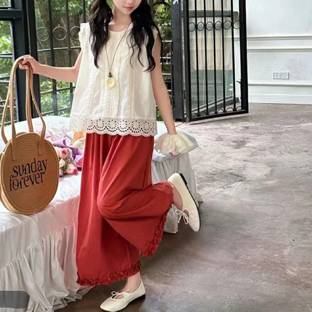 2025年新款休闲时尚女童两件套童装显瘦气质阔腿无袖无袖甜美2