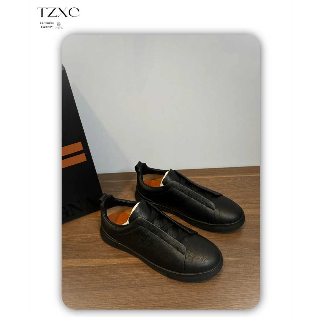 【003-2】2024年 新款男士百搭牛皮一脚蹬净黑平底鞋