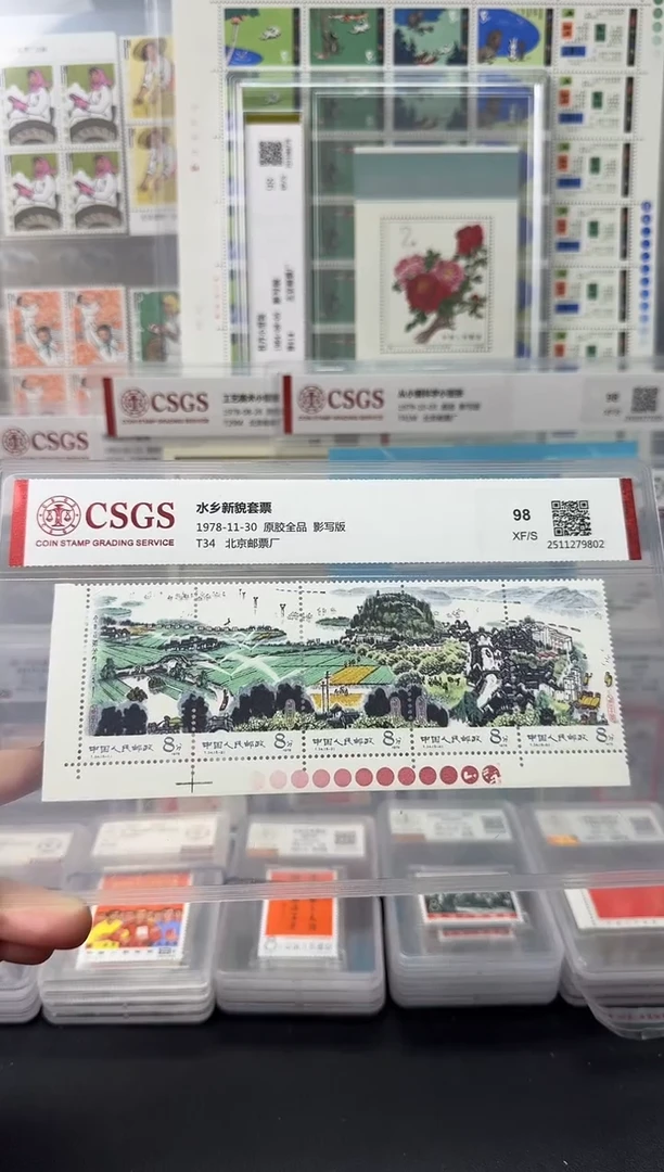 T34 水乡新貌 红色标邮票 98分XF