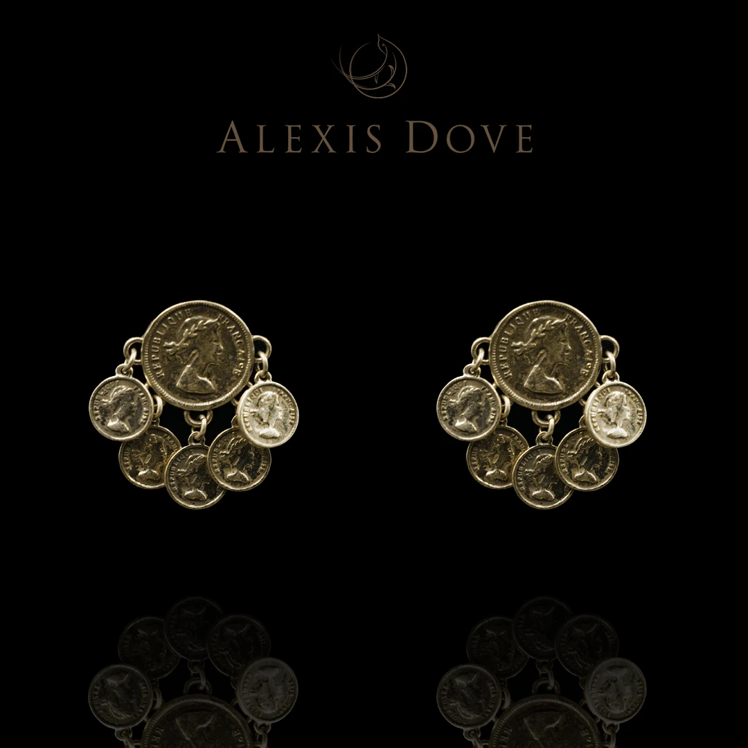 铜合金合成锆石耳饰 中古重工巴洛克女王古币耳钉