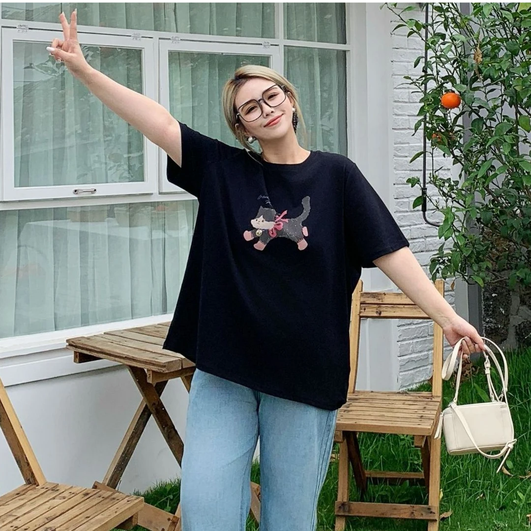 媛子大码小猫印花T恤百搭显瘦夏款宽松圆领休闲时尚上衣短袖