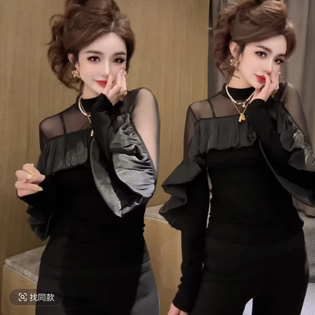 拼接洋气时尚气质长袖显瘦小众收腰小众法式修身设计感打底衫