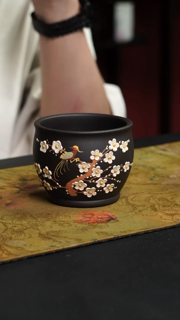 茶杯紫砂石黄 泥绘变色款 喜上眉梢主人杯