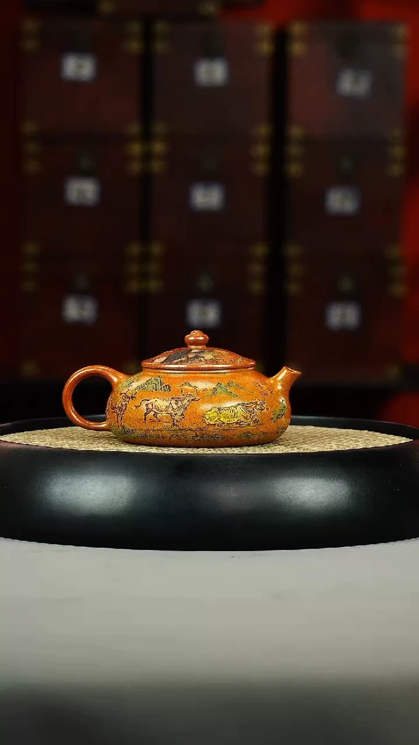 茶壶紫砂赤焰烧 寒江 彩刻 老者垂钓
