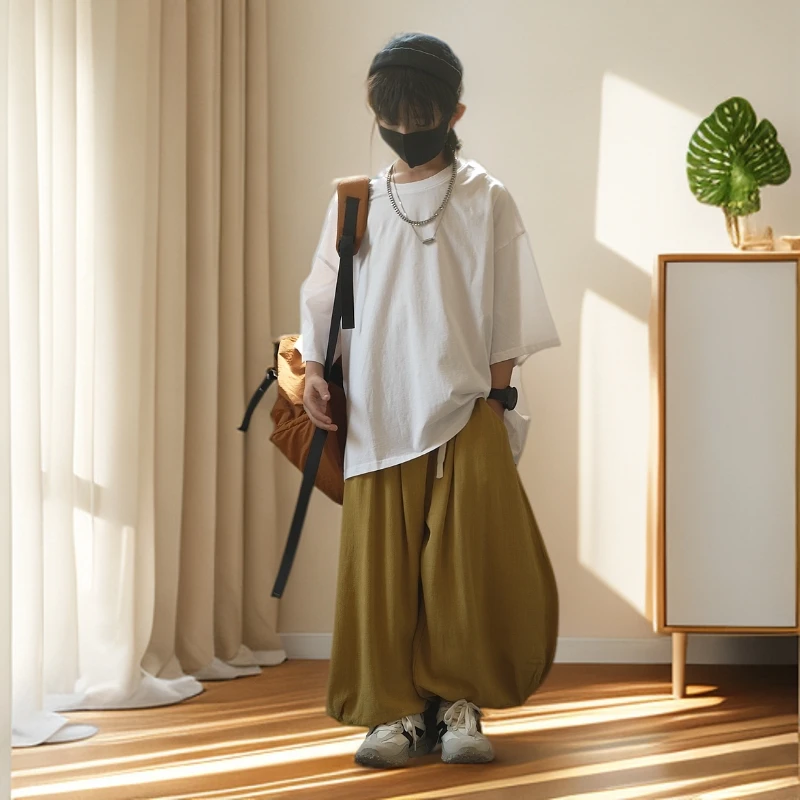 【刘刘妈】2025中大童阔腿裤白色休闲裤亲子装潮流韩版裤子百搭宽松