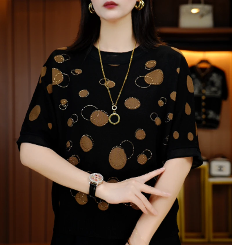 诺诗 夏季针织短袖上衣舒适透气优雅减龄轻奢气质V25Q487