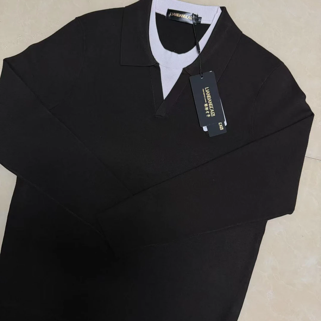 【95125-胸前小标假两件秋冬长袖】男士针织秋冬款长袖