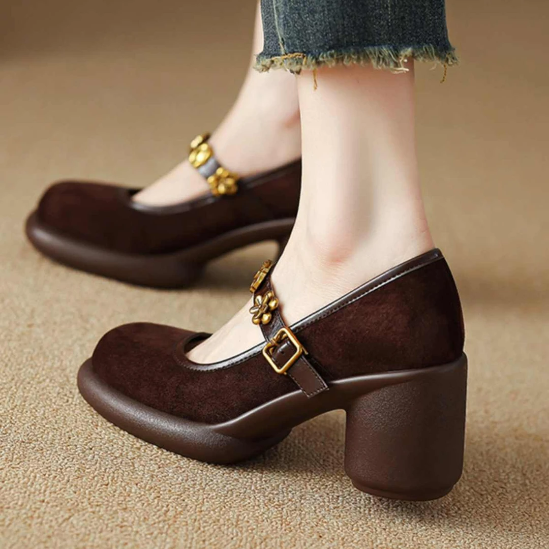 复古风牛皮磨砂防水台高跟玛丽珍鞋女真皮圆头浅口一字扣厚底单鞋