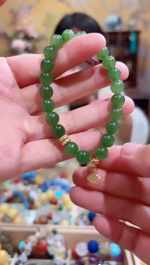 银S925镶嵌手串和田玉（碧玉）阳绿碧玉设计款