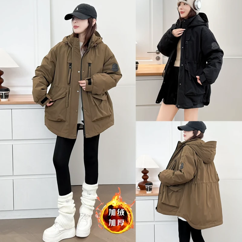 大码女装冬季中长款连帽宽松保暖棉衣休闲时尚大衣厚款棉服0638