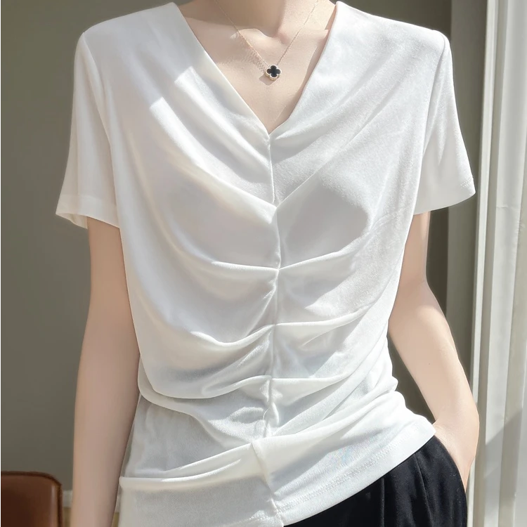 醋酸针织显瘦黑色女士短袖褶皱感高级背心透气法式薄款T恤ZM-002