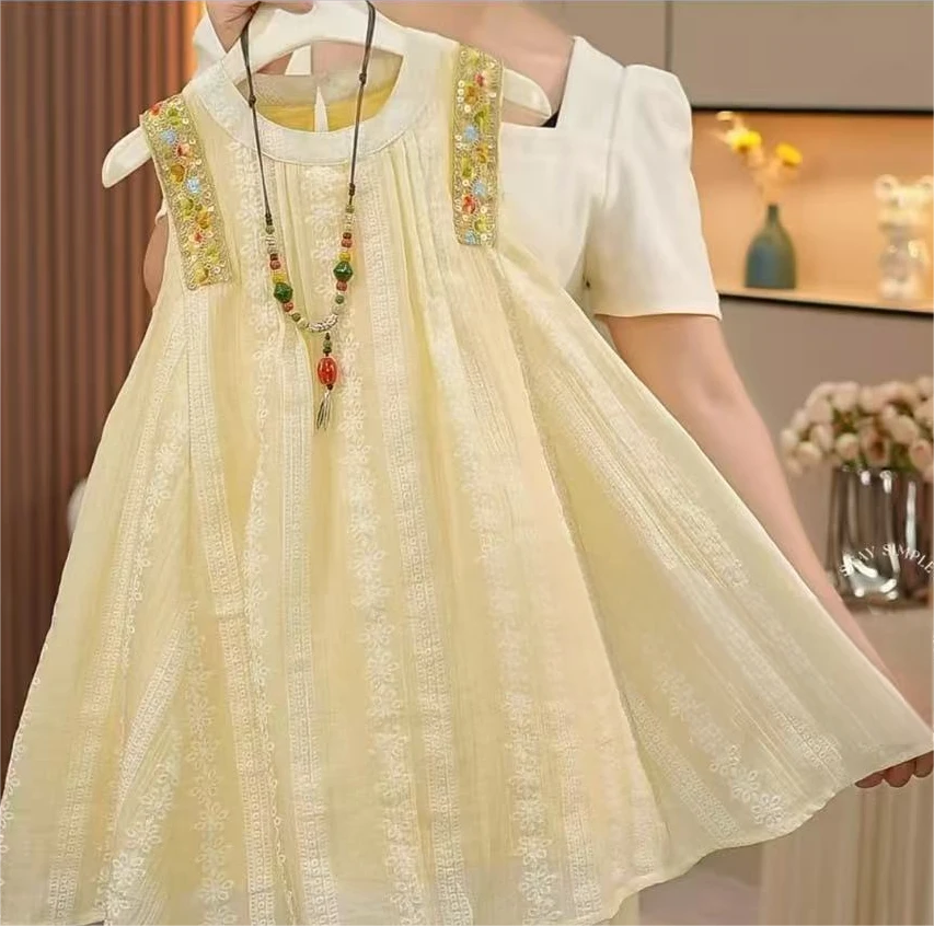 女童连衣裙2025夏季新款重工绣花国风洋气网红裙子儿童无袖公主裙