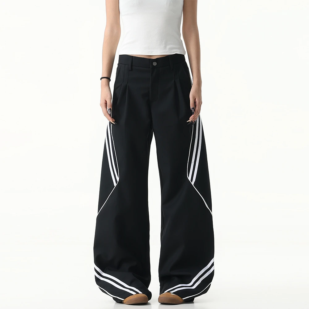 JADEQILIN美式复古条纹硬挺休闲裤情侣宽松直筒阔腿拖地长裤