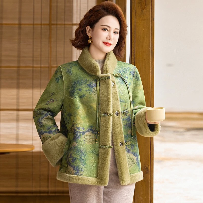 妈妈冬装皮毛一体水貂绒外套气质加厚新中式中老年女装双面穿大衣