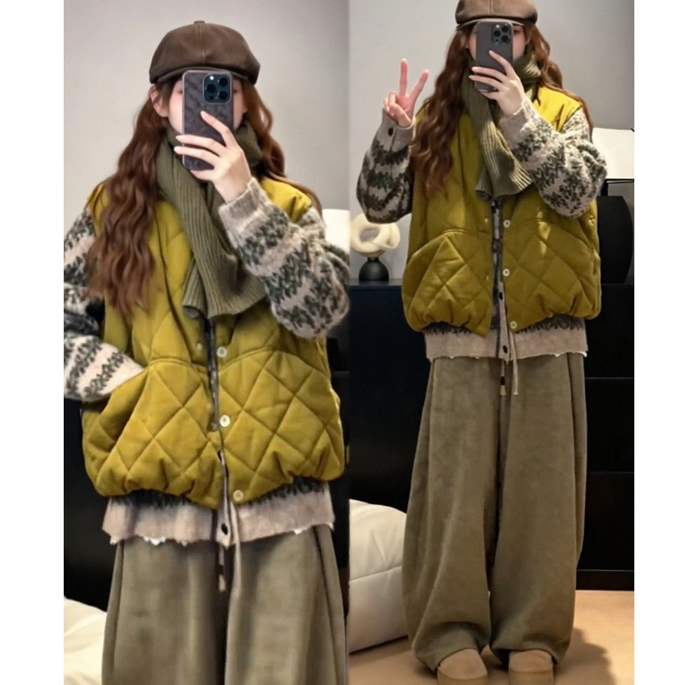 冬季ootd穿搭一整套韩系慵懒风保暖棉服马甲外套针织衫阔腿裤套装