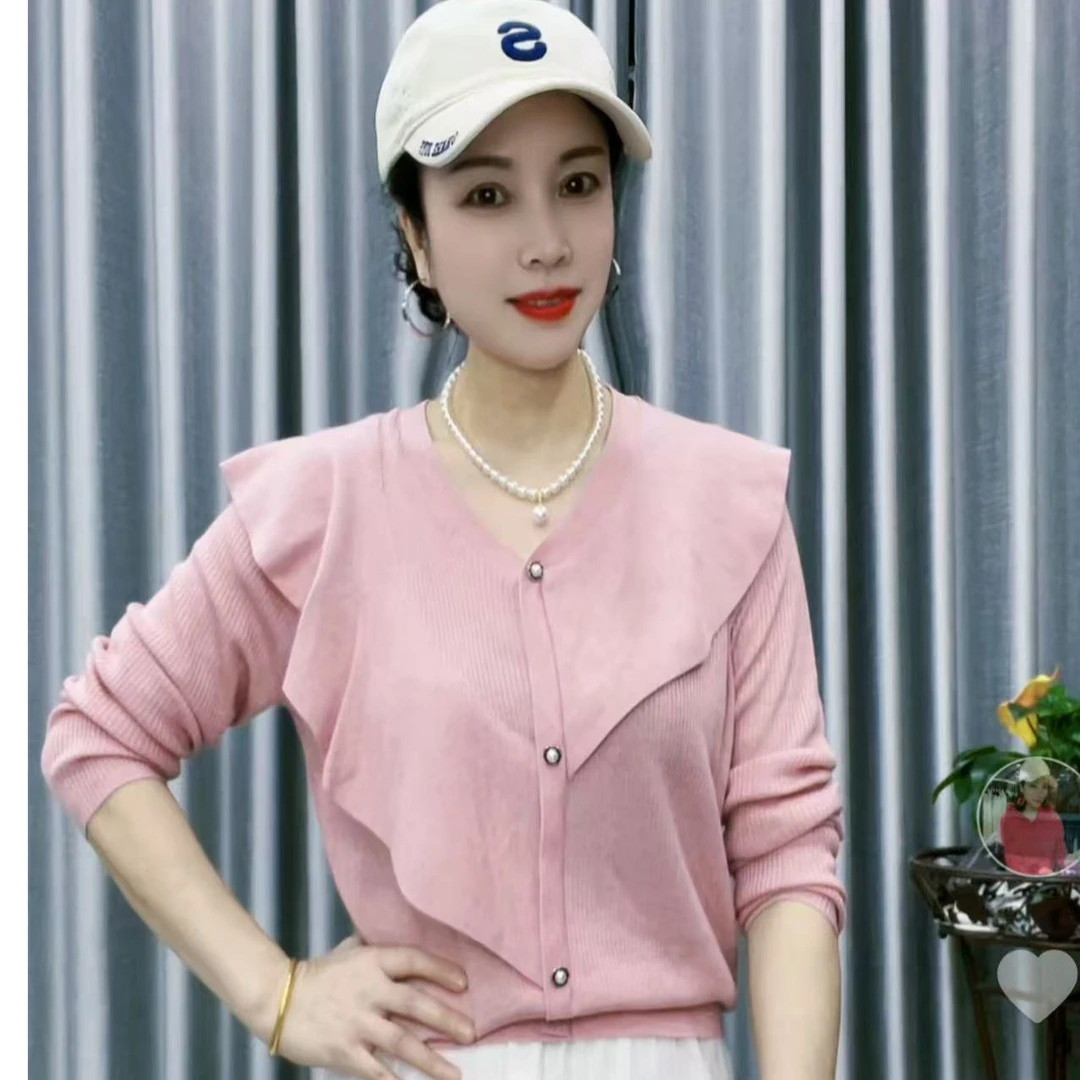 【懂你吴姐】7756春款荷叶边V领细羊毛衫