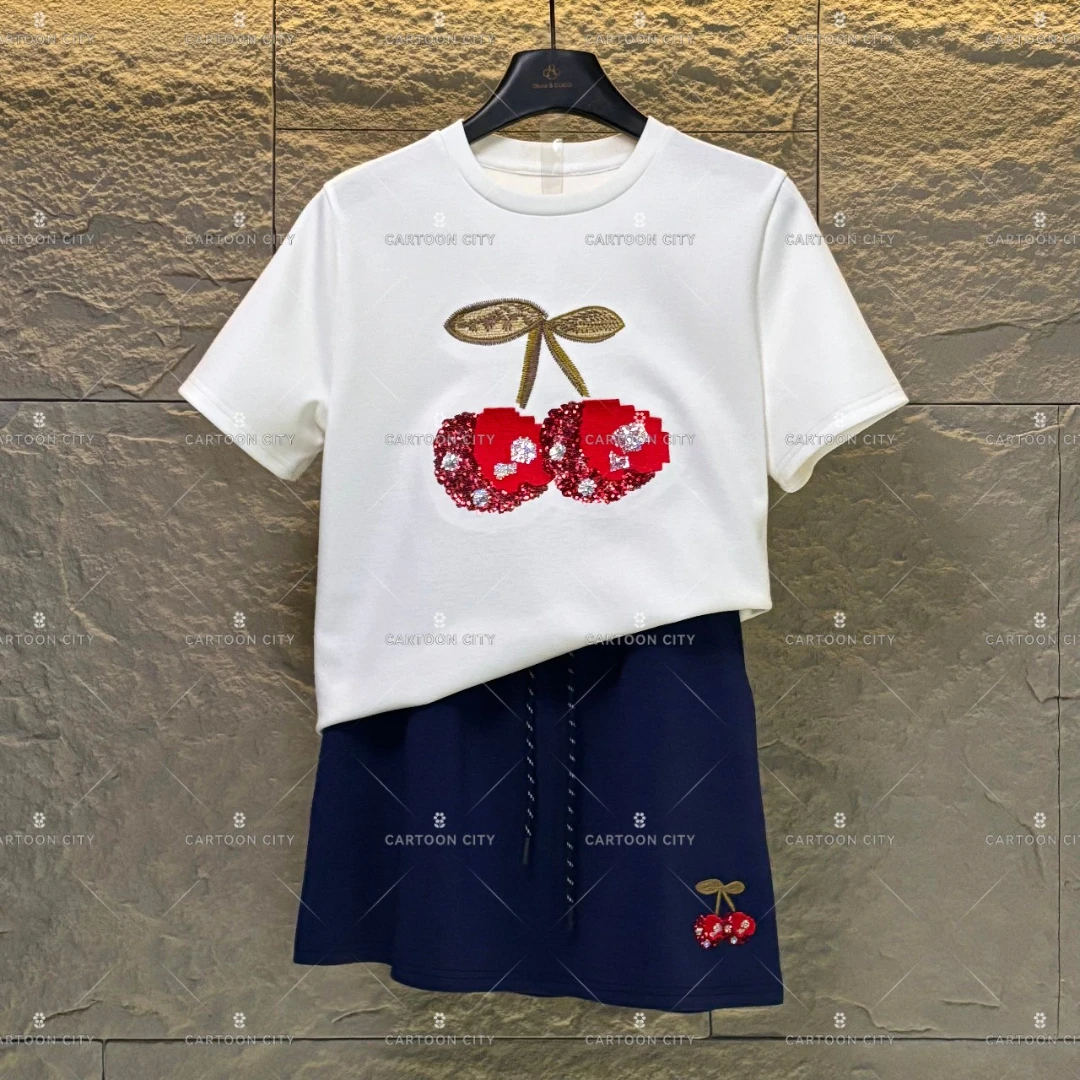 WMA-A32设计师款丨刺绣红色樱桃宽松版夏季短袖T恤裤裙时尚套装