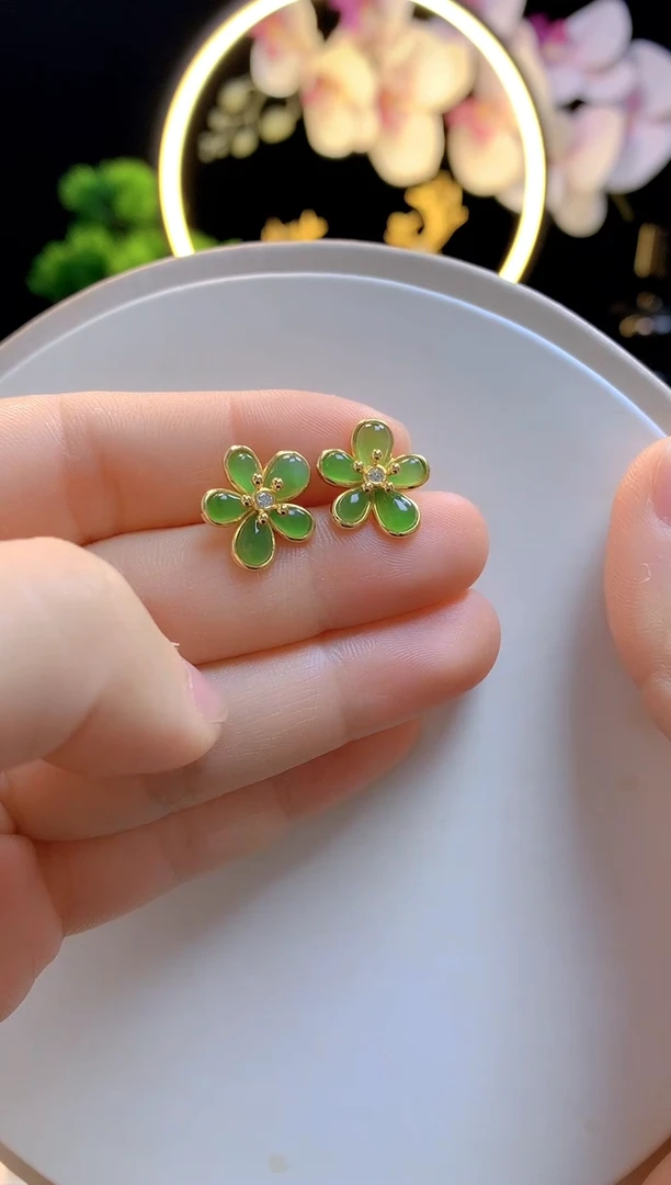 银S925镶嵌和田玉耳钉碧玉花花耳钉