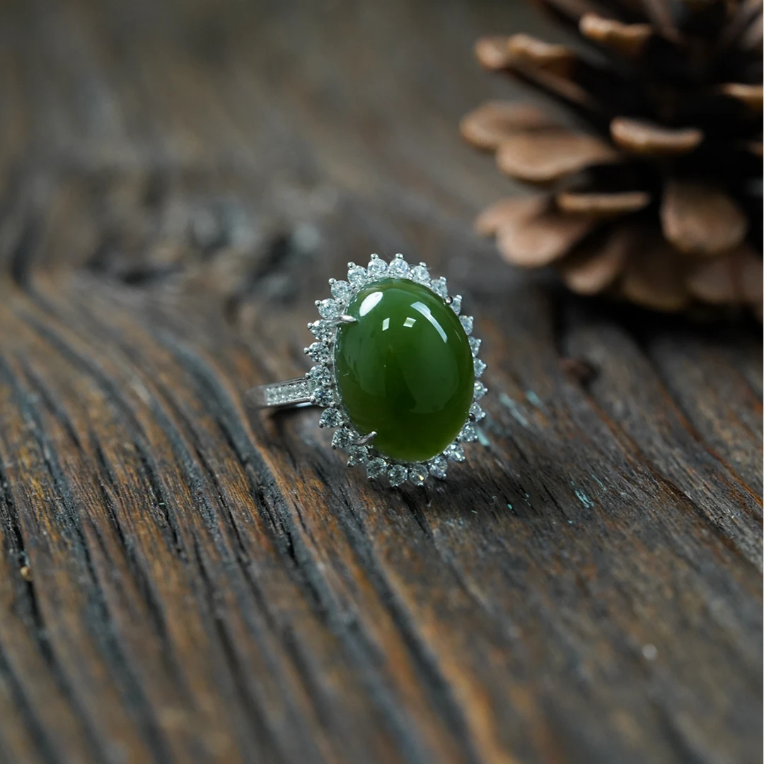 【石缘居珠宝】S925银镶嵌和田玉碧玉佩戴时尚大气款蛋面戒指C40-11