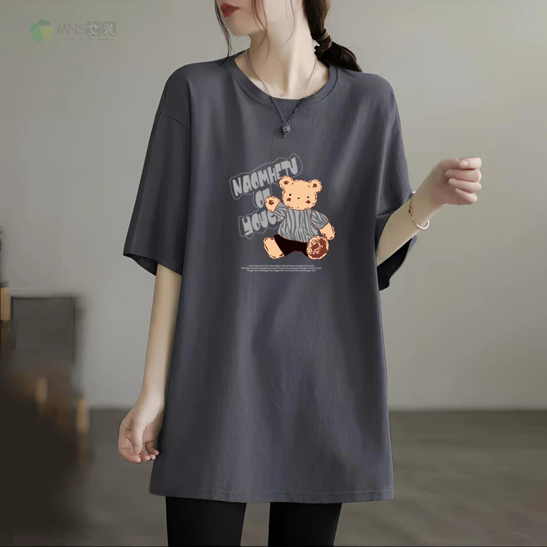 2025短袖女t恤中长款遮屁股芭比裤上衣胖妹妹遮胯大码t恤显瘦百搭