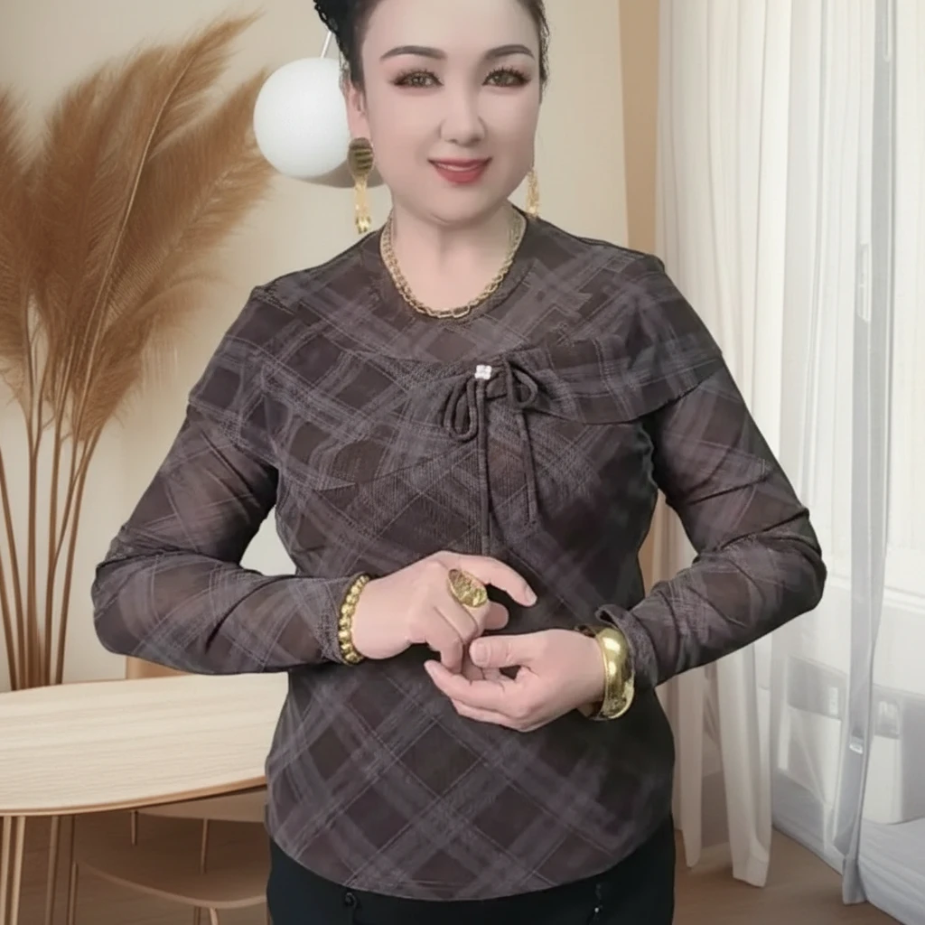 一字肩蝴蝶短款网纱长袖气质印花百搭打底衫T恤