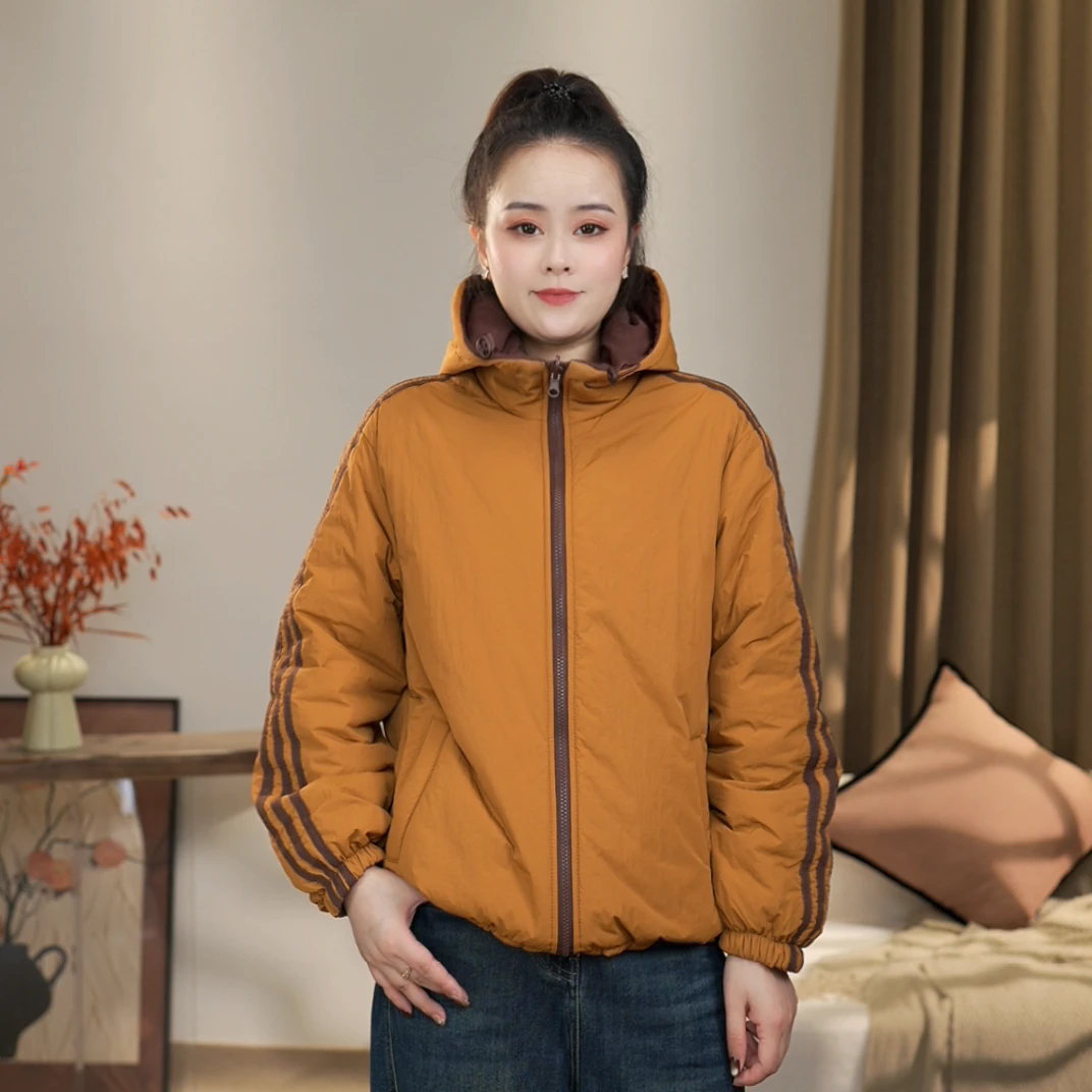 【沐沐】冬季时尚休闲百搭新款运动拼接宽松加厚防风双面穿连帽棉衣