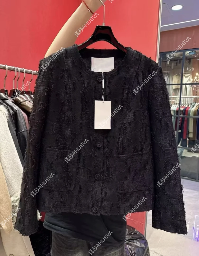 海宁秋款纯色小香风短款轻奢极简人丝提花鹅绒圆领女士外套