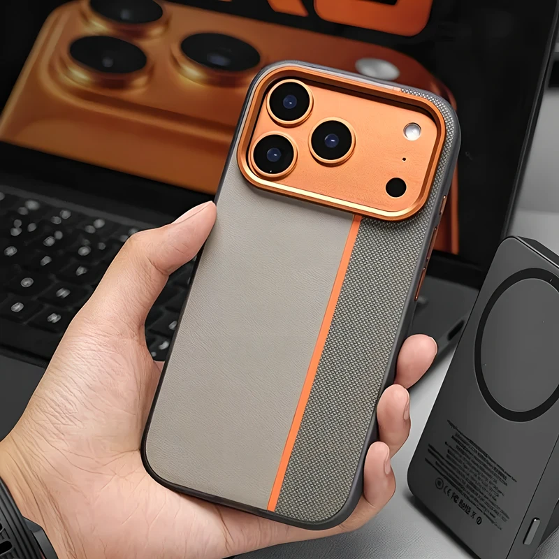 撞色拼接皮革苹果17promax手机壳磁吸16/15/14防摔防指纹防滑全包