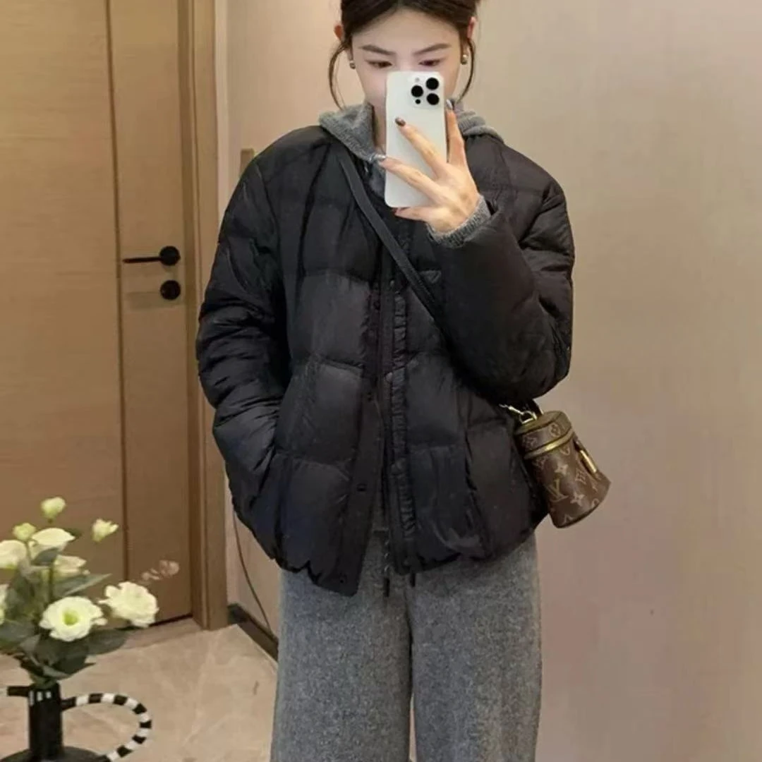 时尚运动保暖百搭薄款棉服短款纯色长袖连帽圆领