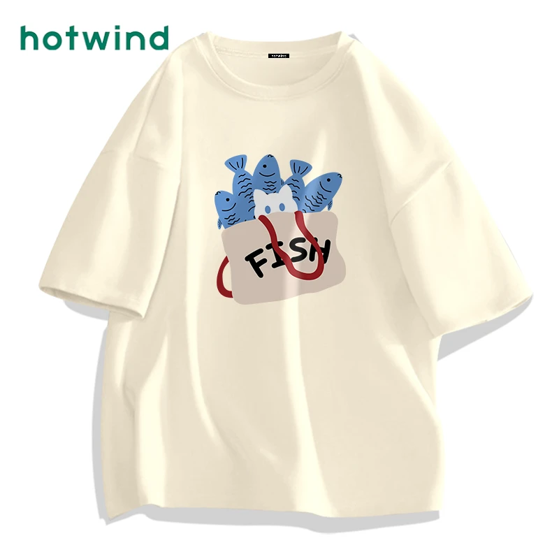 Hotwind/热风时髦气质印花短袖T恤男女2025新款休闲百搭纯棉通勤