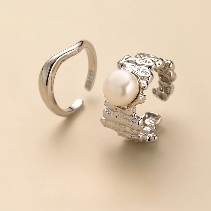 925银仿珍珠戒指 925戒指镶嵌贝珠高级感食指戒复古设计小众
