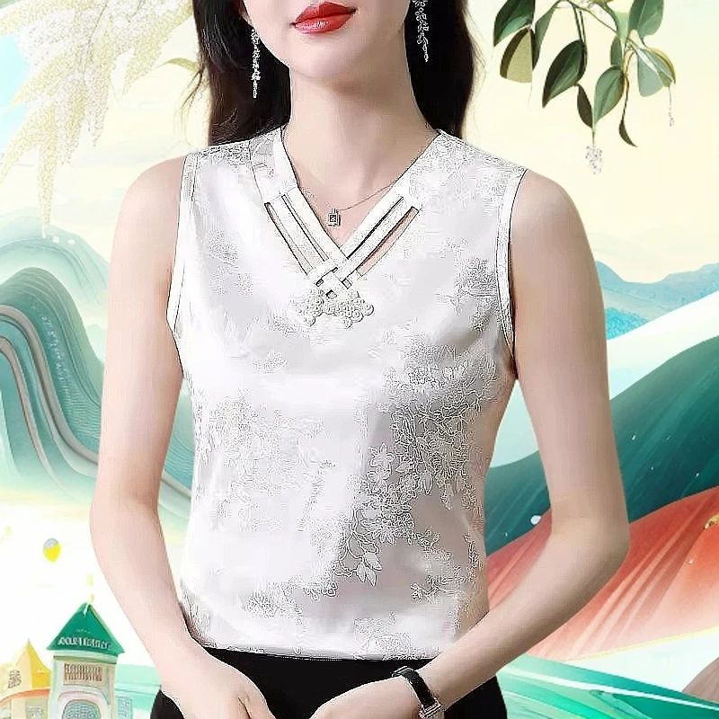 新中式国风吊带背心女外穿夏大码显瘦缎面提花打底衫v领内搭上衣