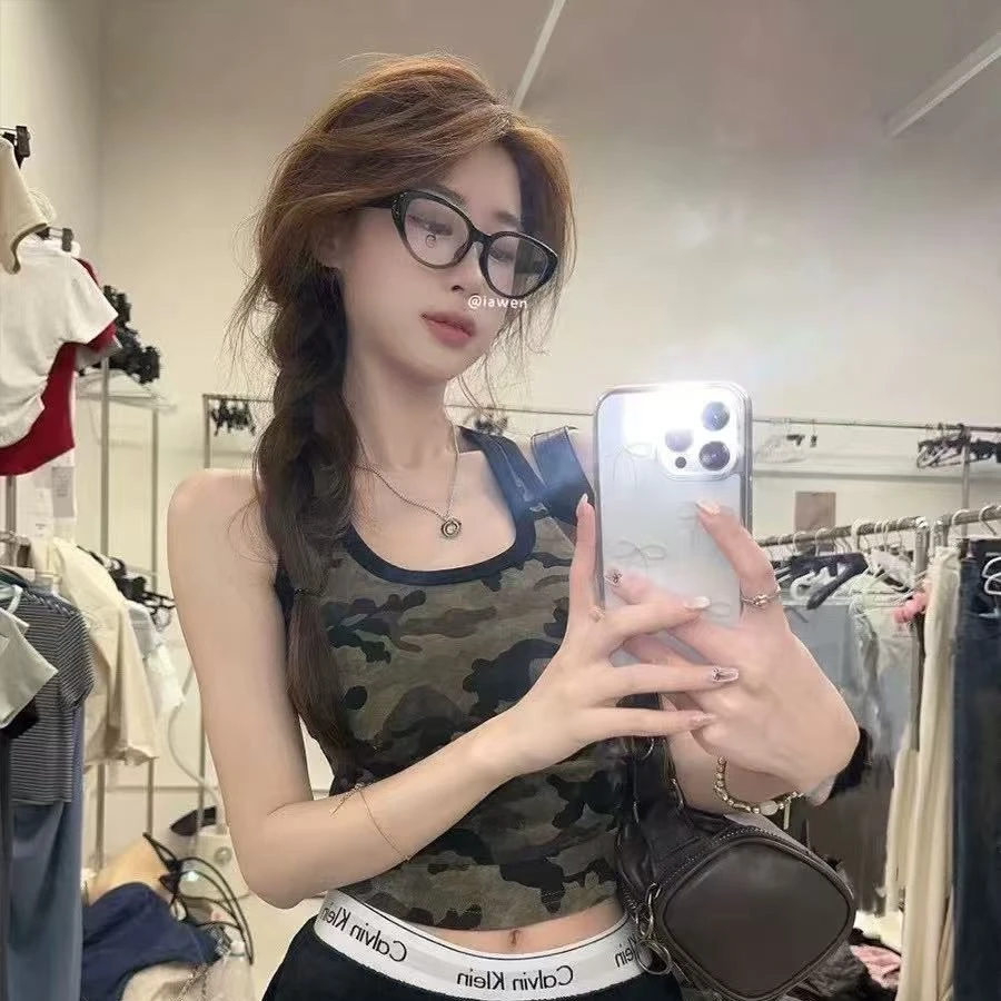 D7690美式辣妹短款迷彩工字型小吊带背心