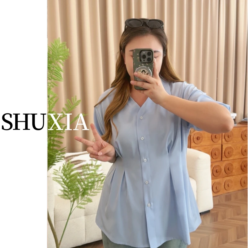 【现货+运费险】夏季新款大码显瘦收腰短袖翻领衬衣时尚胖妹妹女装